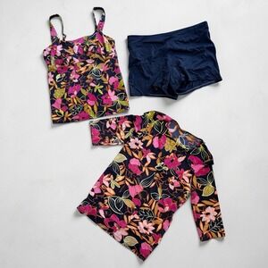 Lands' End Tankini Tropical Top, Rash Guard Shirt, & Navy Blue Swim Shorts Sz 12